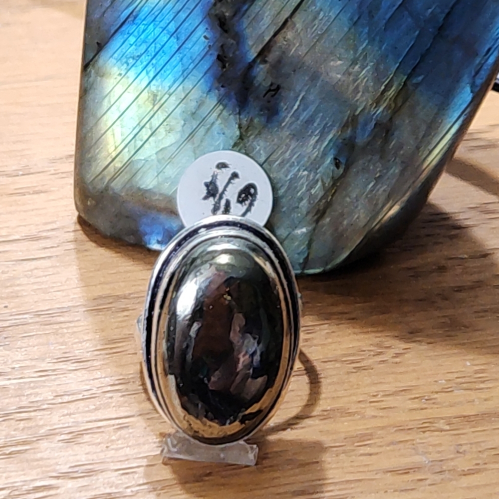 SZ 6 1/4, St/Silver Oval- Shaped Natural Pyrite Ring With Clean Simple Bezel~